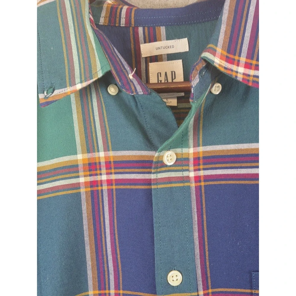 GAP Untucked Shirt Mens L Long Sleeve Blue Green Plaid Oxford Preppy Work Casual
